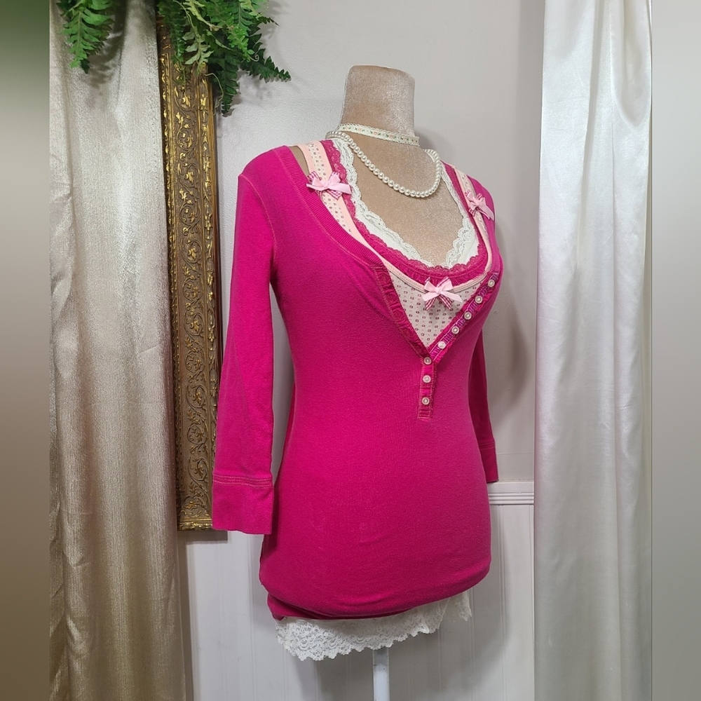 ♡ Y2K ♡ Abercrombie Hot Pink Button Down Babydoll Henley Top - Picture 4 of 11